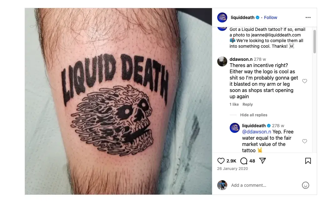 branding differentiation, liquid death tattoo