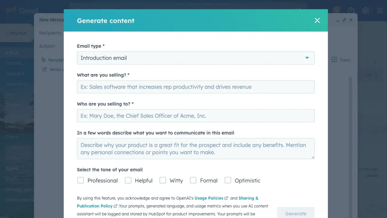 hubspot ai email writer form fields