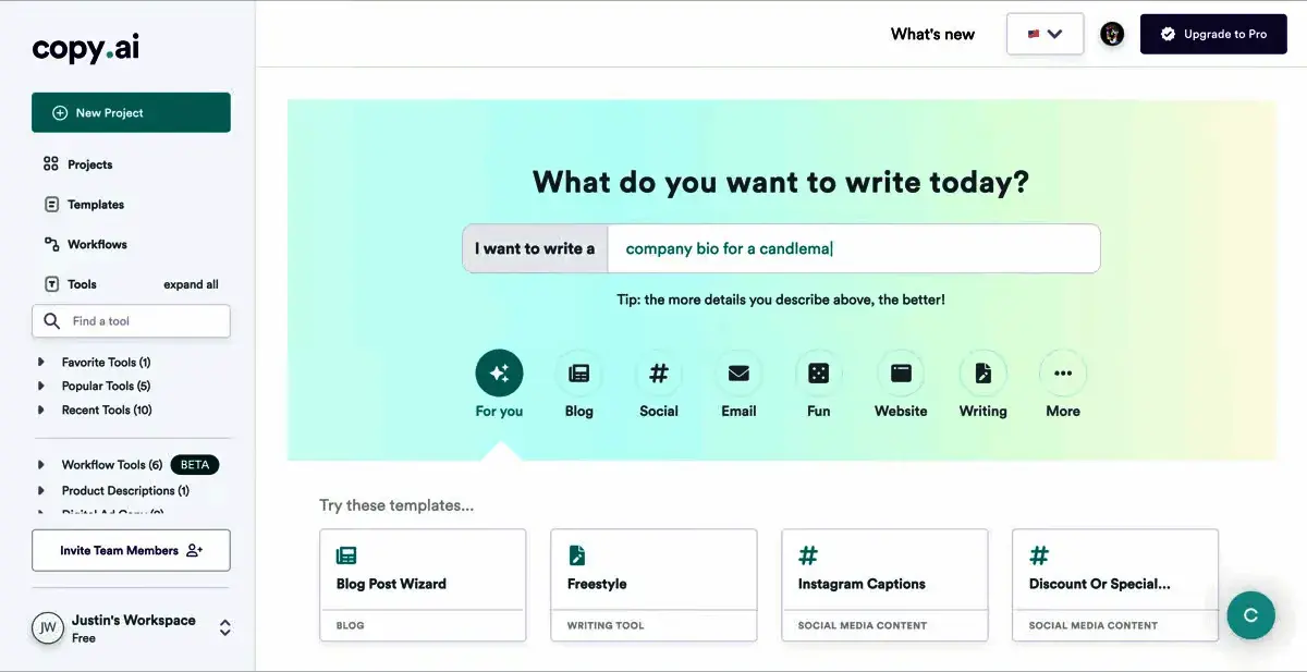 copy.ai interface, generative ai tools